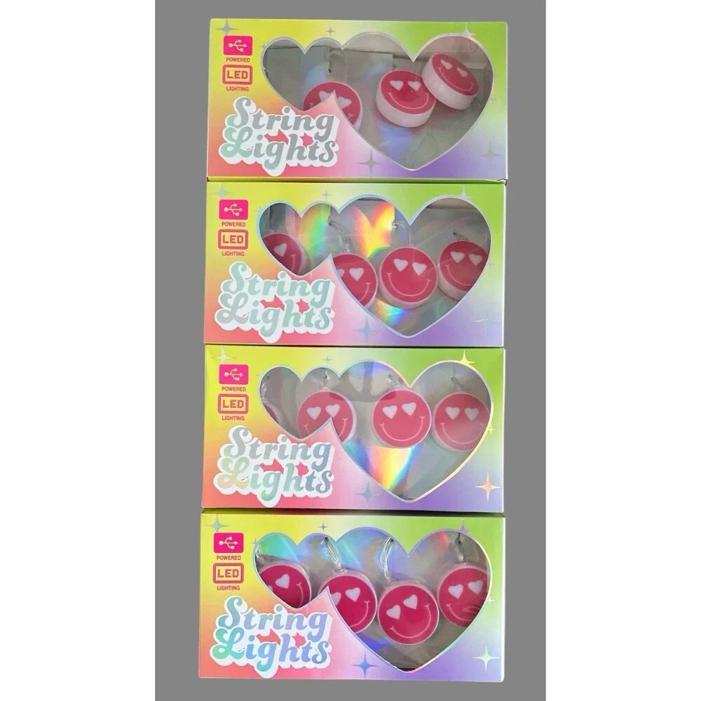 LED Smiley Face String Lights Pink Heart Eyes 21ft Lot Of 4 Party Room Décor New